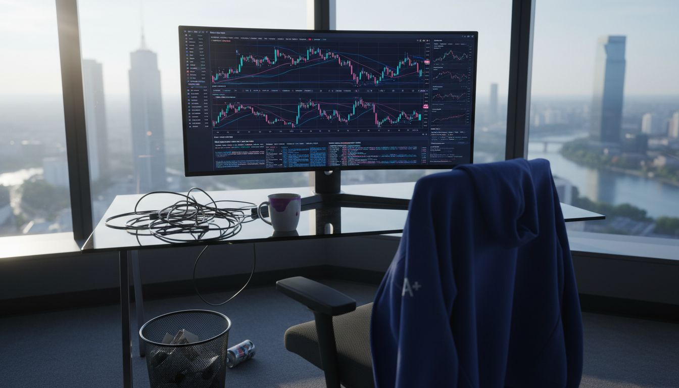 Trader at crypto desk with sunlight and charts