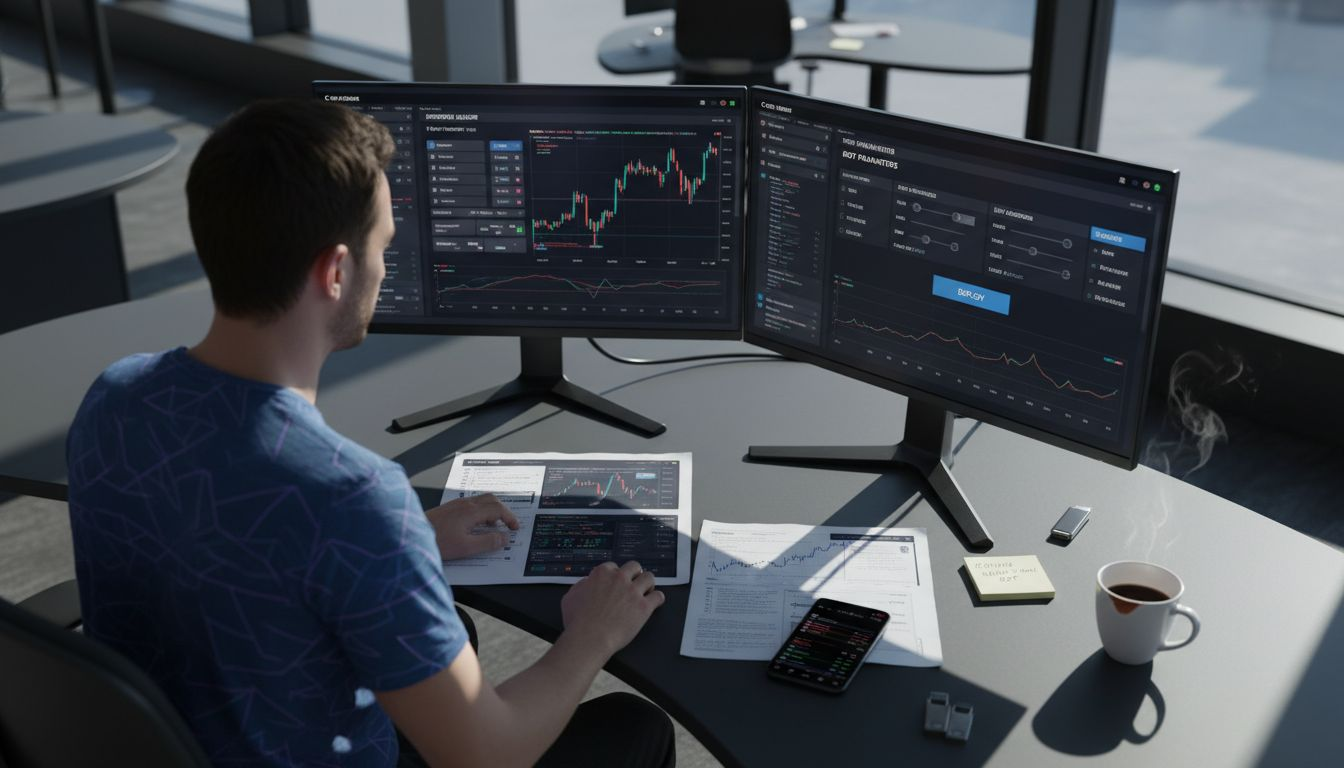 Trader configuring bot at dual-monitor desk