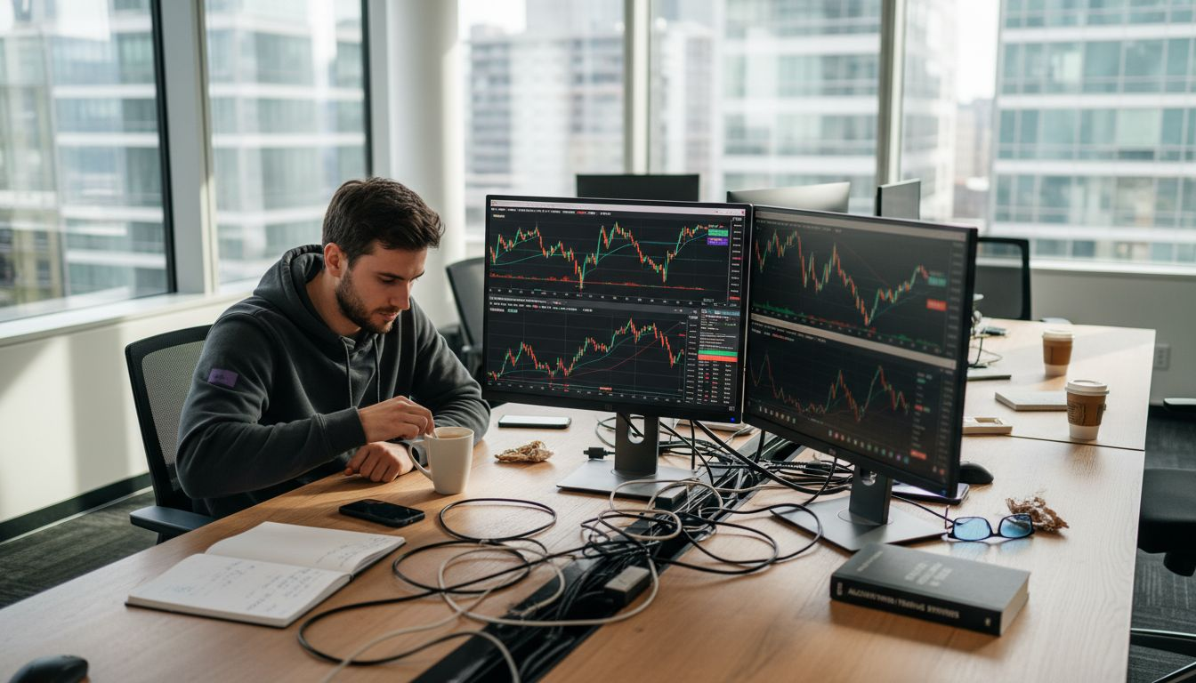 Crypto trader monitoring charts in cluttered office