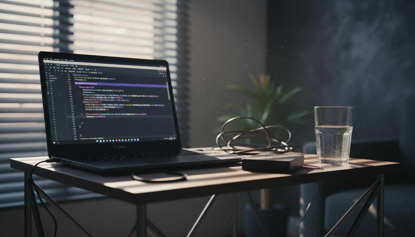 Programmer coding crypto bot with cluttered desk