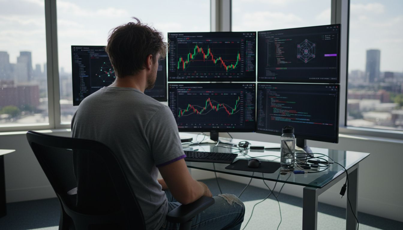 Trader using AI tools in busy office workspace