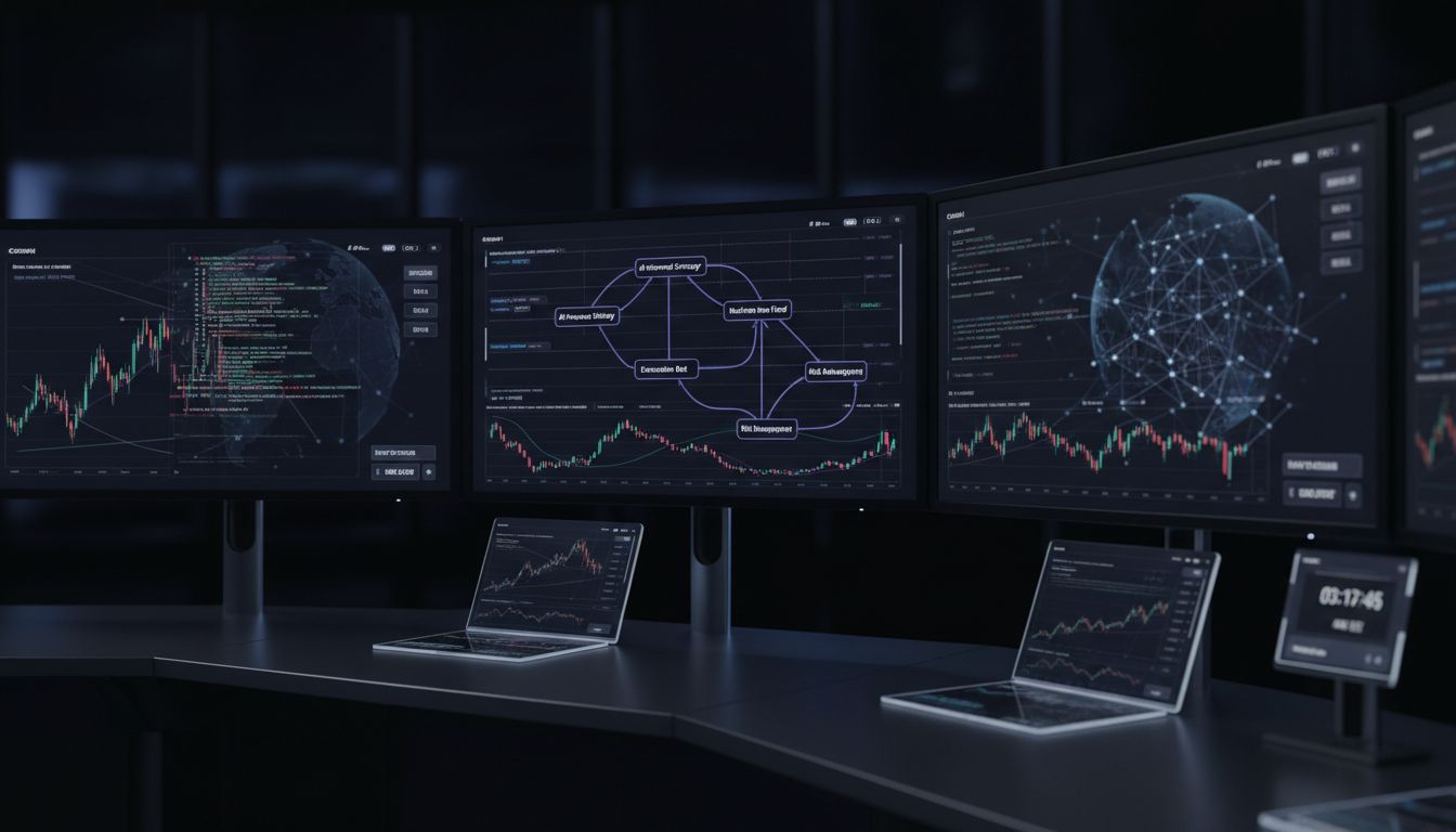 Crypto trader monitoring workstation in bright office