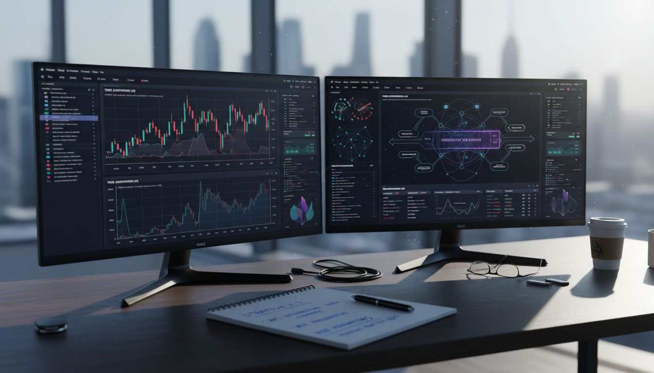 Man reviewing crypto trading risk on monitors