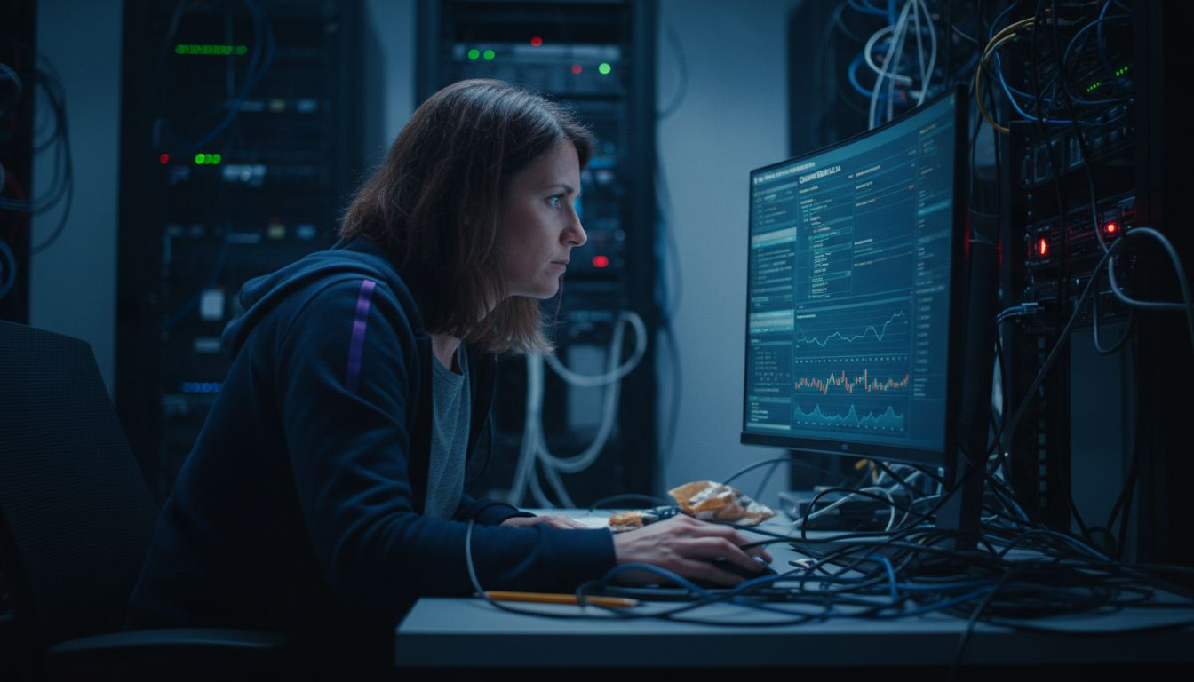 Woman adjusting crypto bot in server room