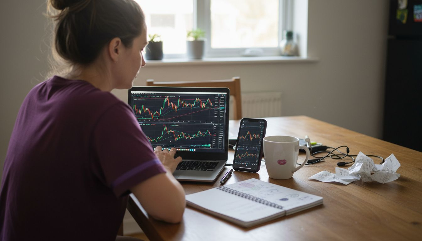 Woman evaluating crypto trading strategies at home
