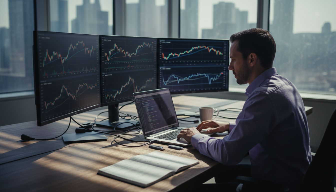 Trader optimizing crypto bot strategy at cluttered desk