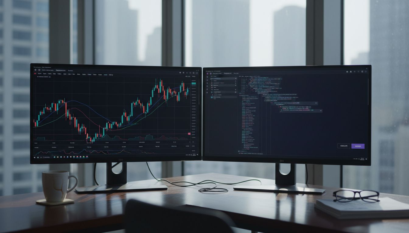 Crypto analyst working at desk in city office