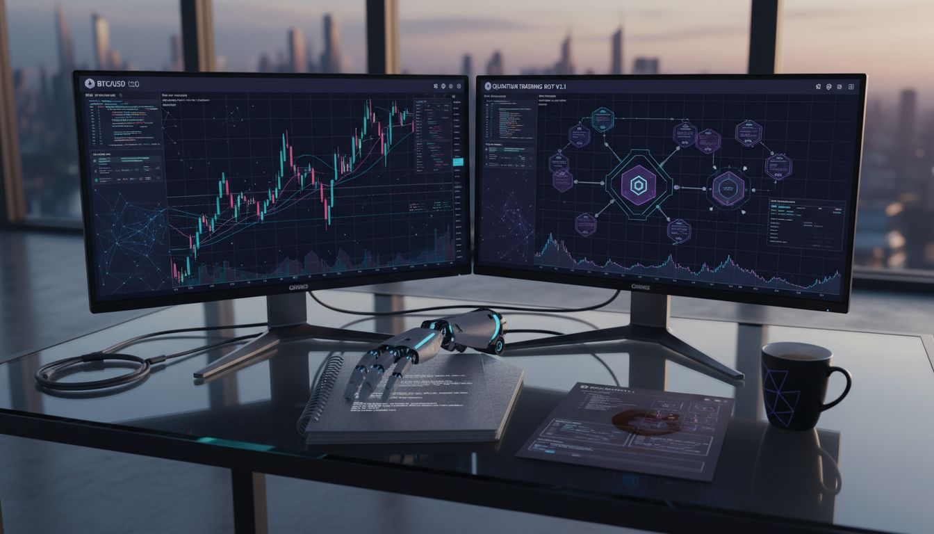 Crypto trader analyzing charts at cluttered desk
