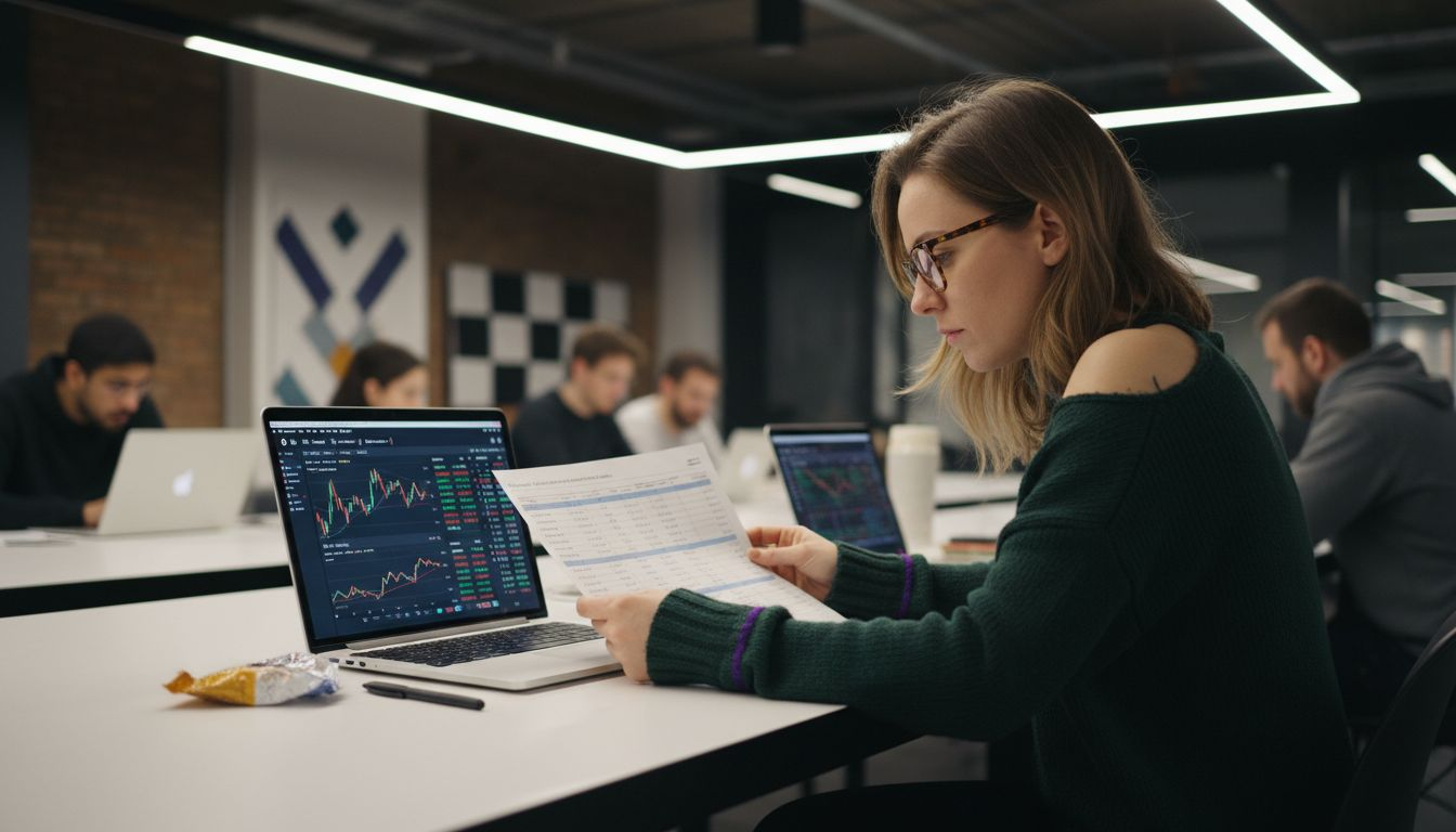 Woman checking crypto hedging data coworking table