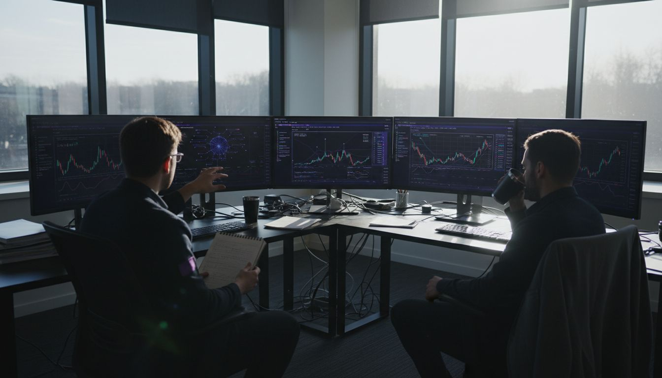 Hedge fund traders working at cluttered trading desk