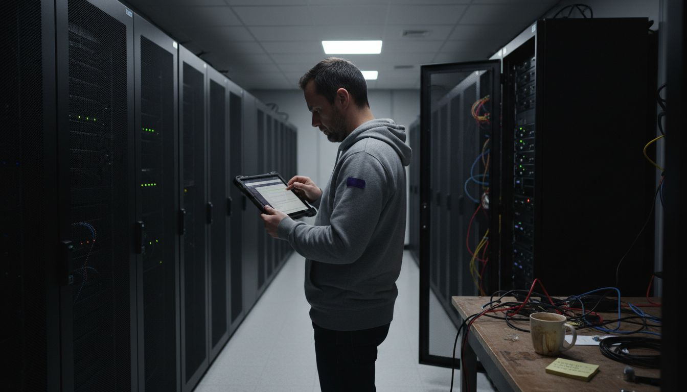Technician monitoring financial server room