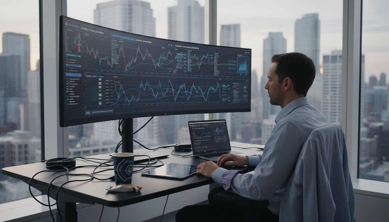 Trader monitors automated trading desk scene