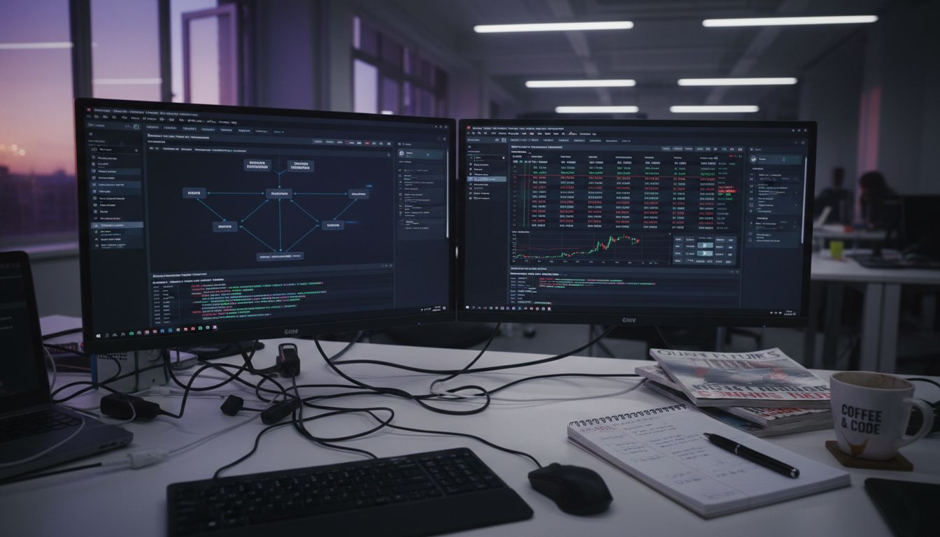 Woman manages algorithmic trading workspace