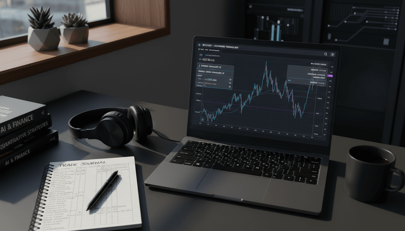 Crypto trader working at cluttered desk