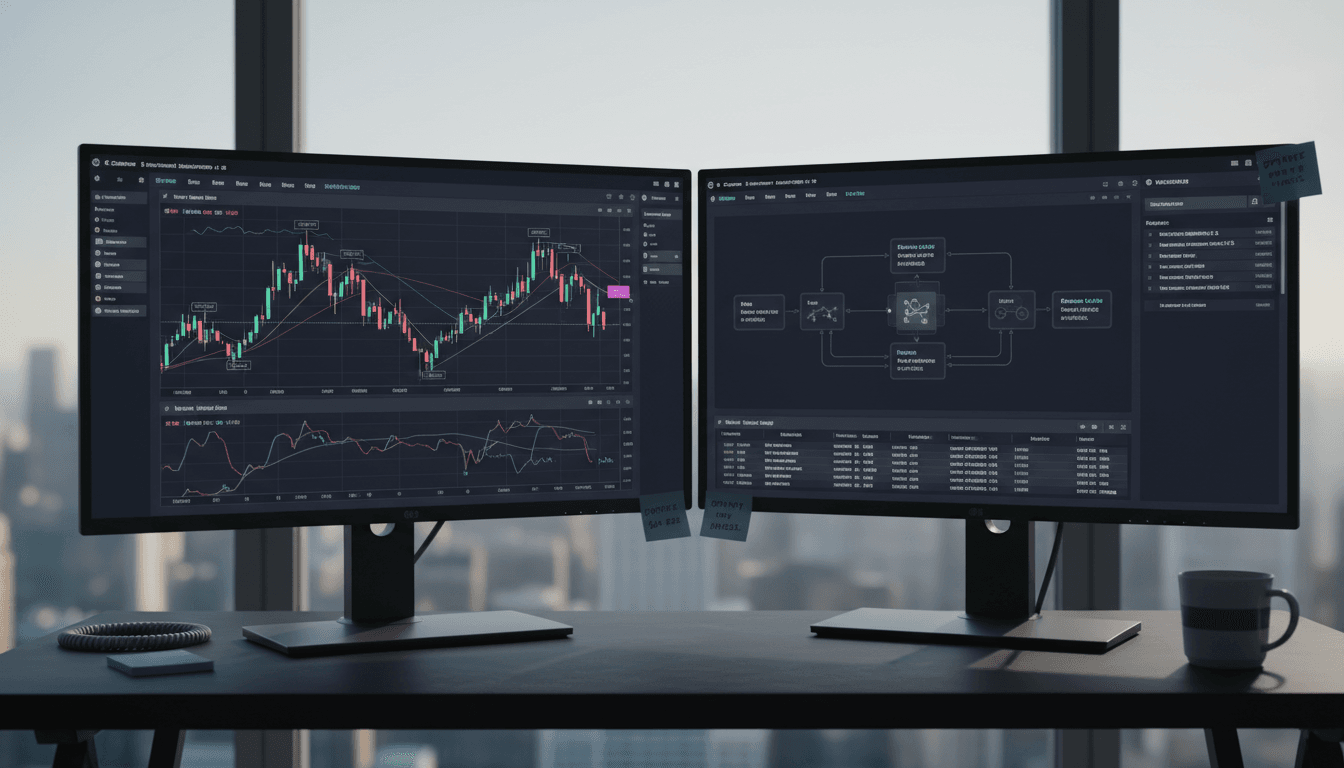 Трейдер, що слідкує за крипто-ботом на захаращеному столі