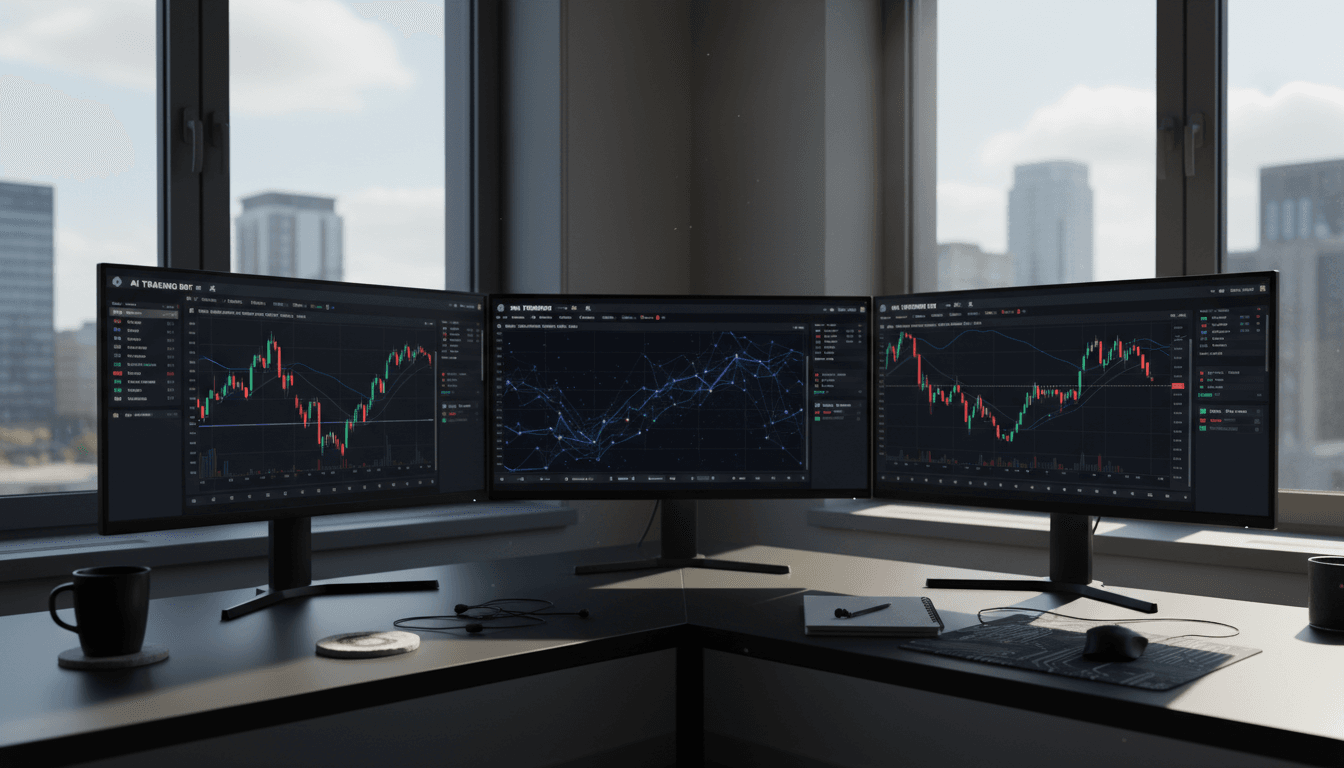 Crypto trader at messy desk analyzing trading screens