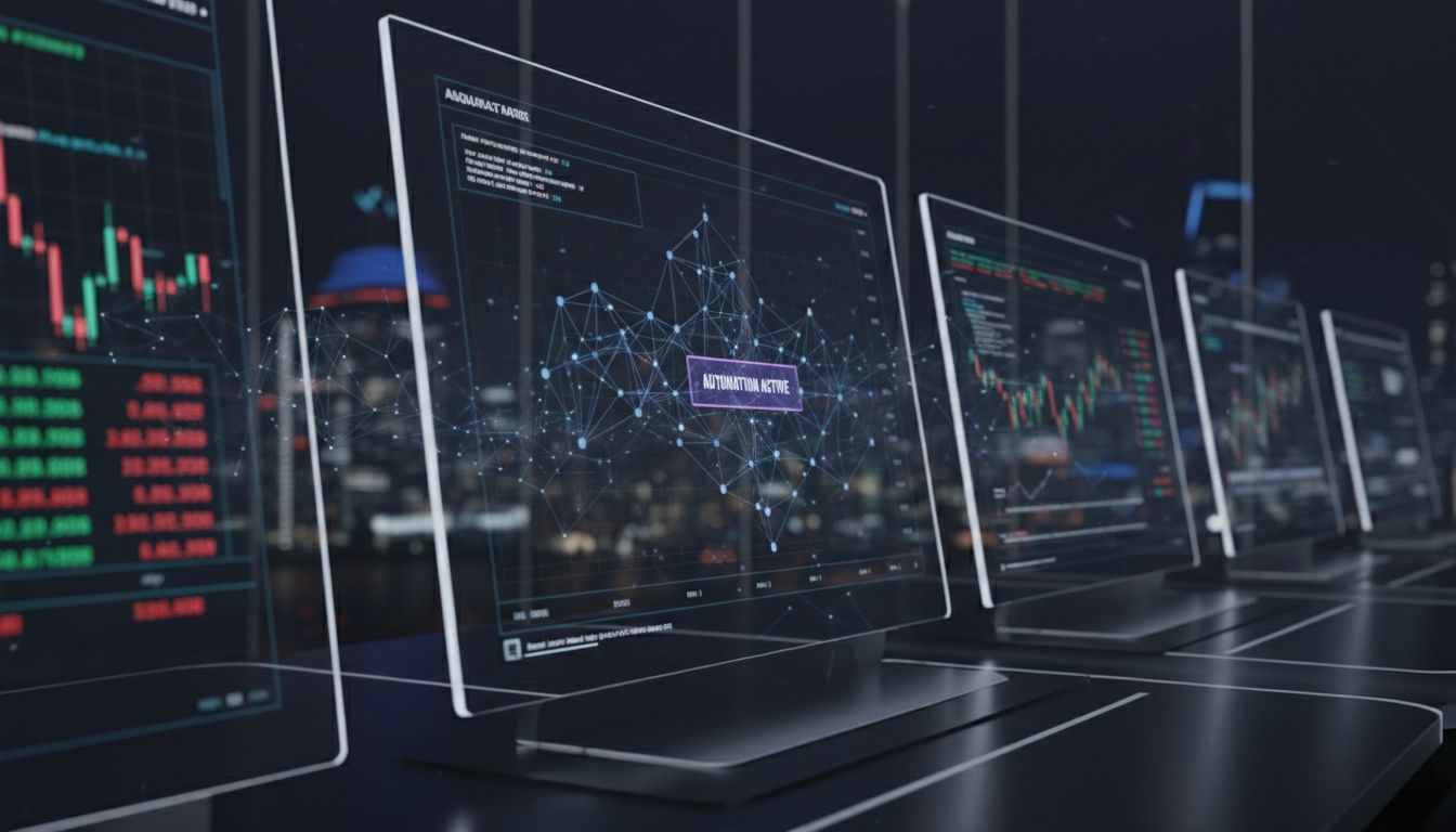 Woman manually trading crypto amidst clutter