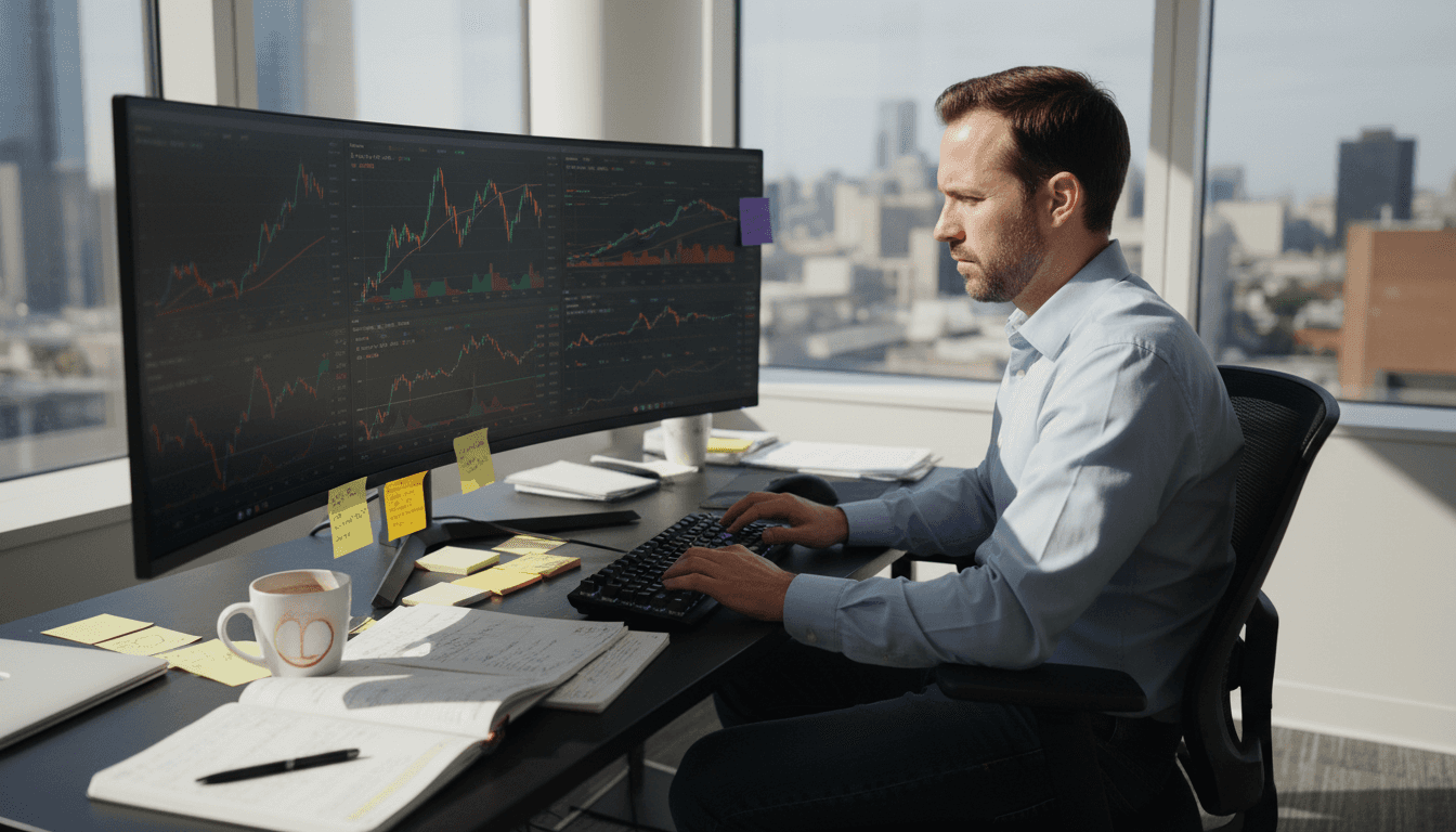 Trader monitoring volatile crypto markets in office