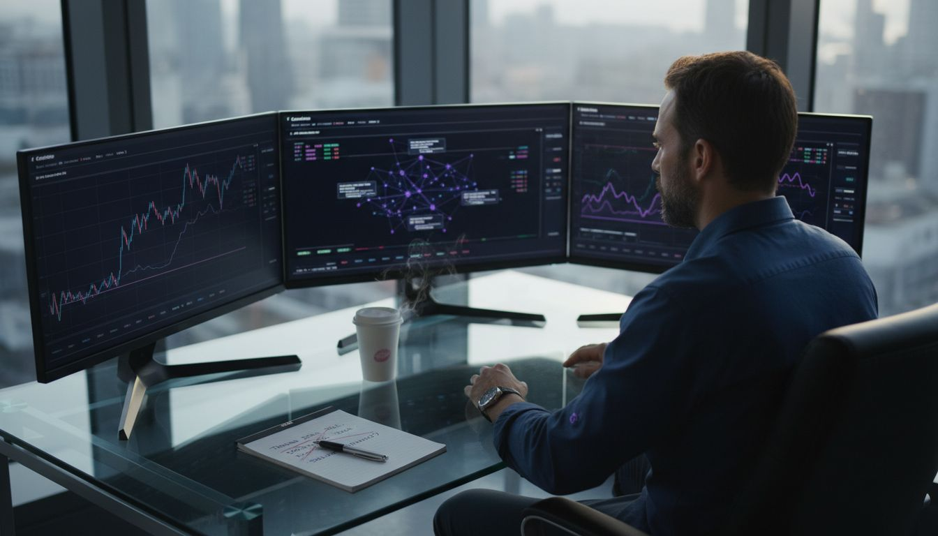 Трейдер створює автоматизовану стратегію на скляному столі