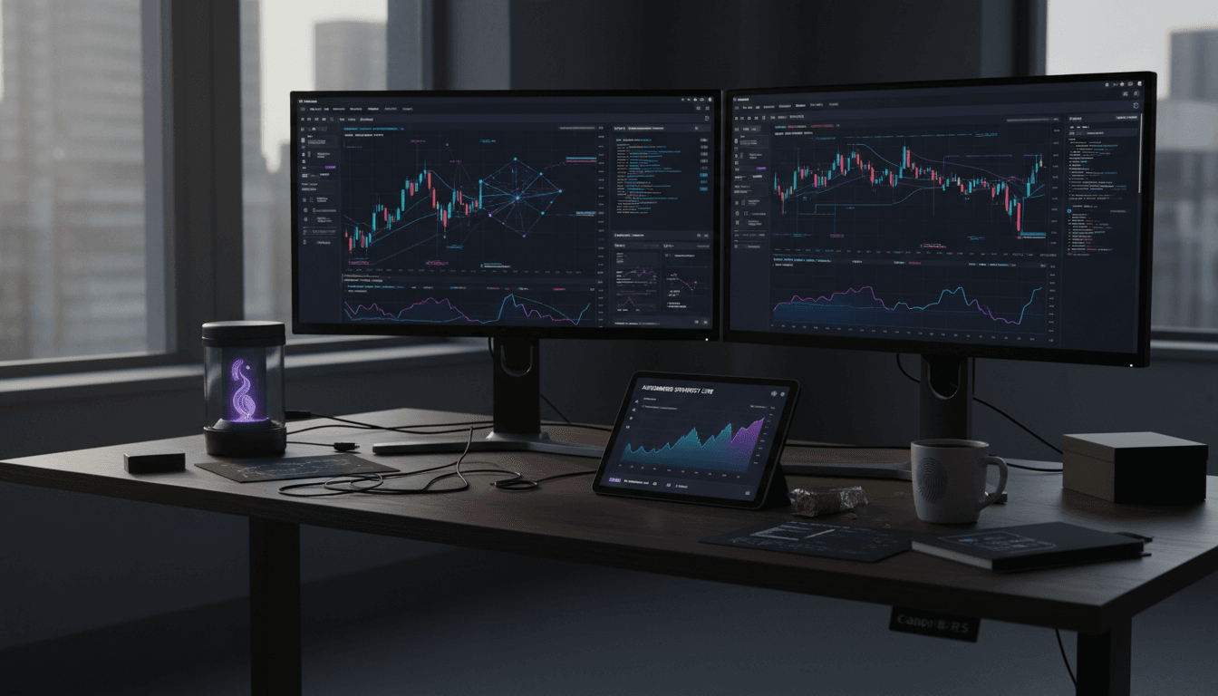 Трейдер криптовалют за столом з моніторами та телефоном