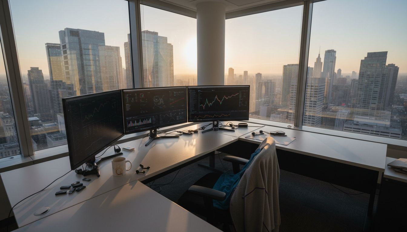 Crypto trader monitoring charts in city office
