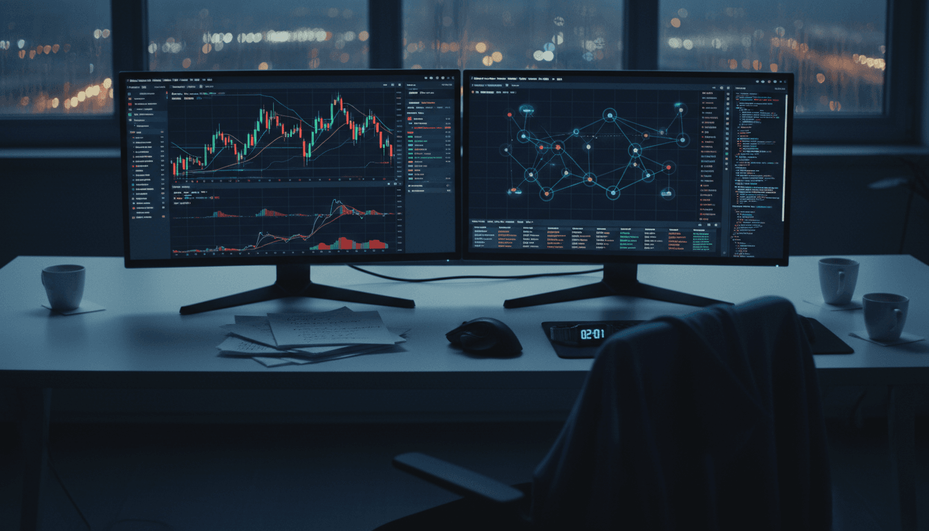 Man monitoring crypto trades at night