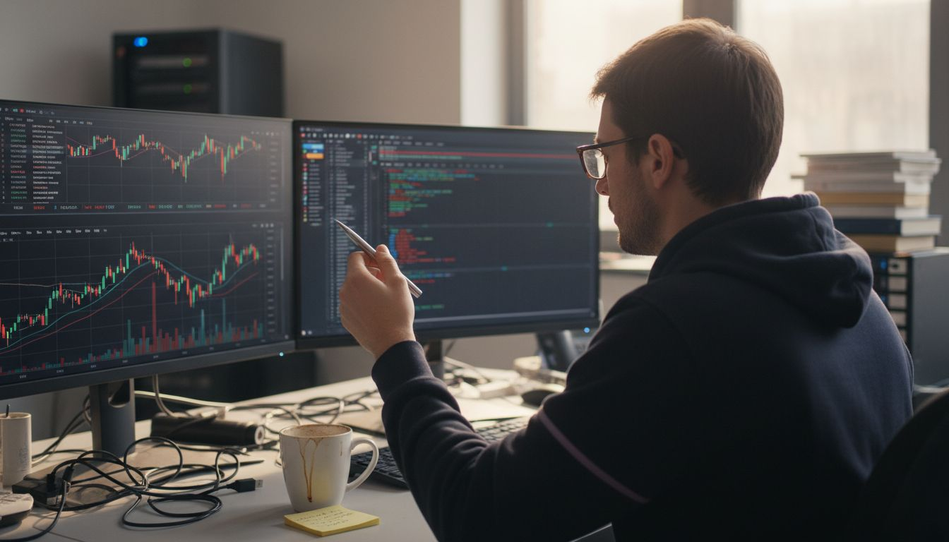 Crypto trader at desk with multiple monitors