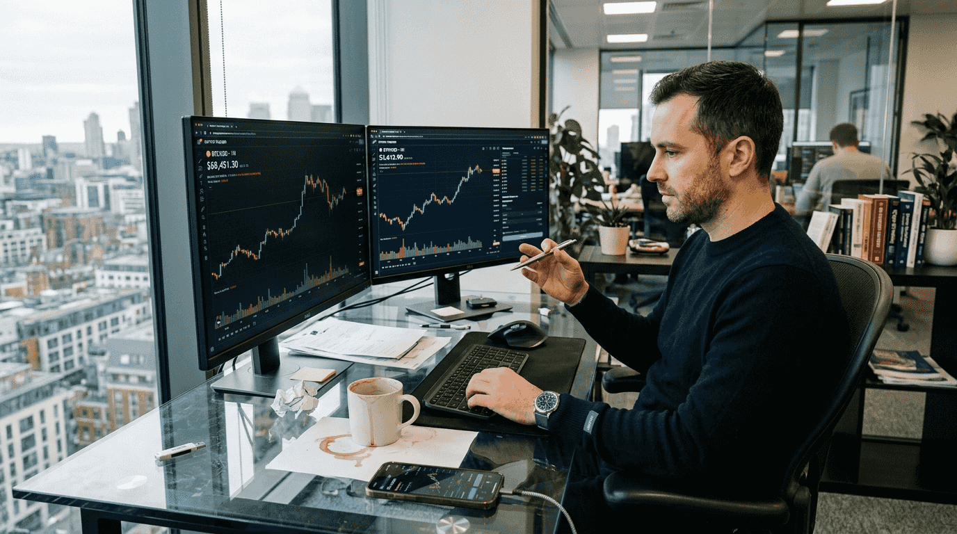 Crypto trader at messy desk in corner office