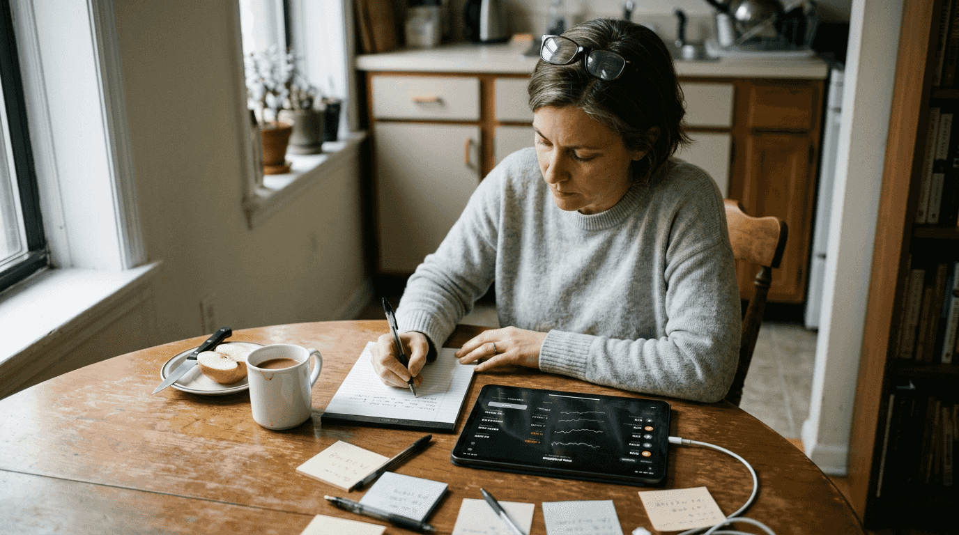 Person reviewing crypto balances at kitchen table