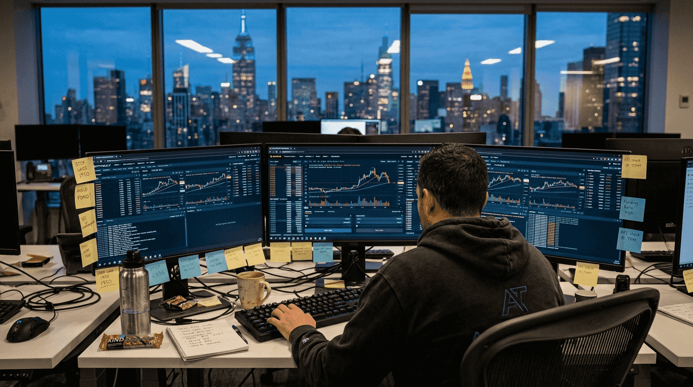 Trader managing multiple crypto exchange screens