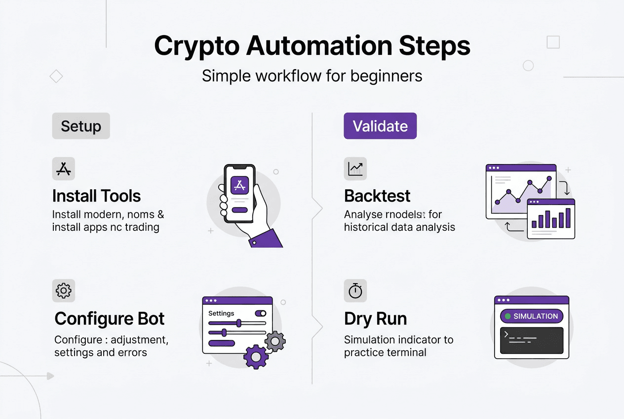 Crypto automation workflow steps infographic
