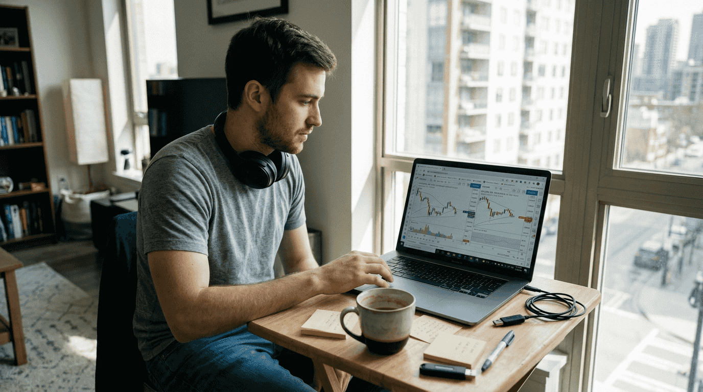Beginner at desk setting up crypto automation