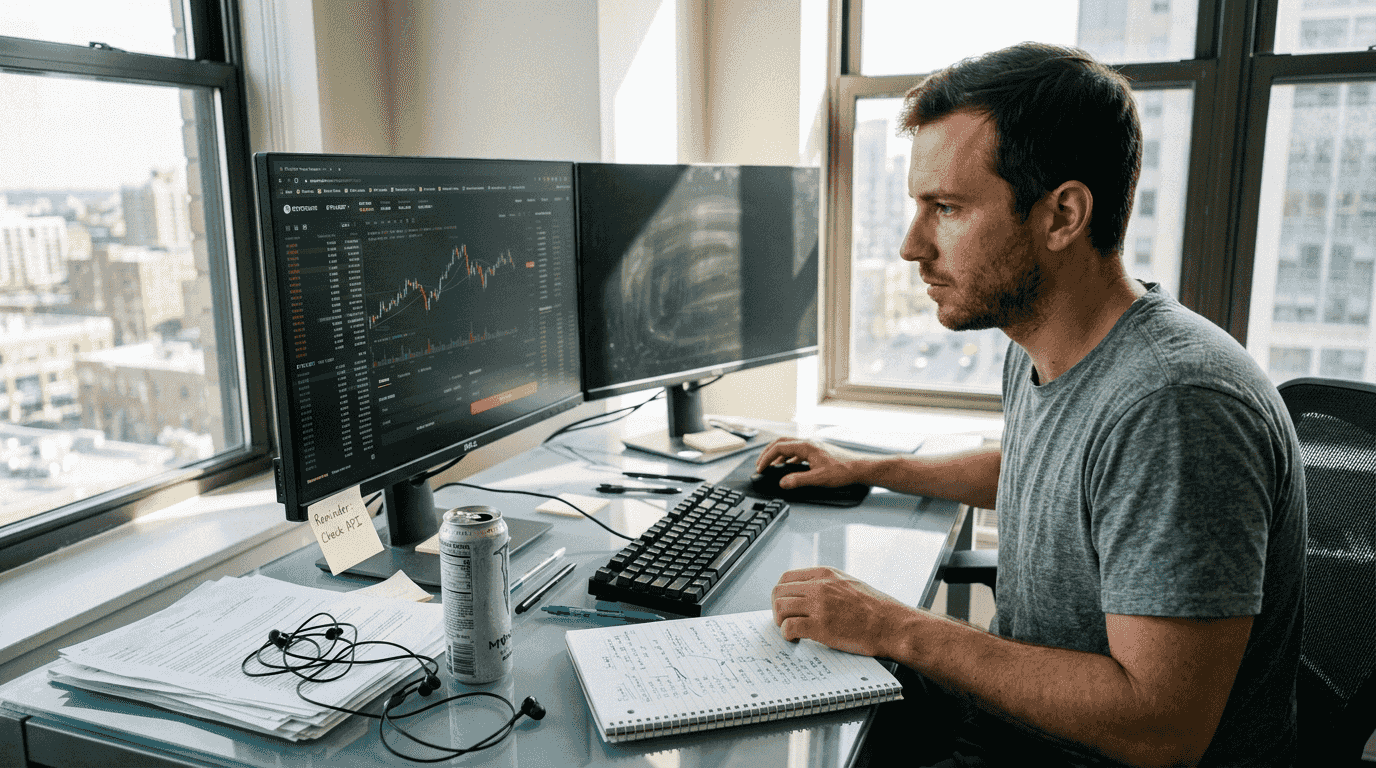 Crypto trader checking bots at cluttered desk