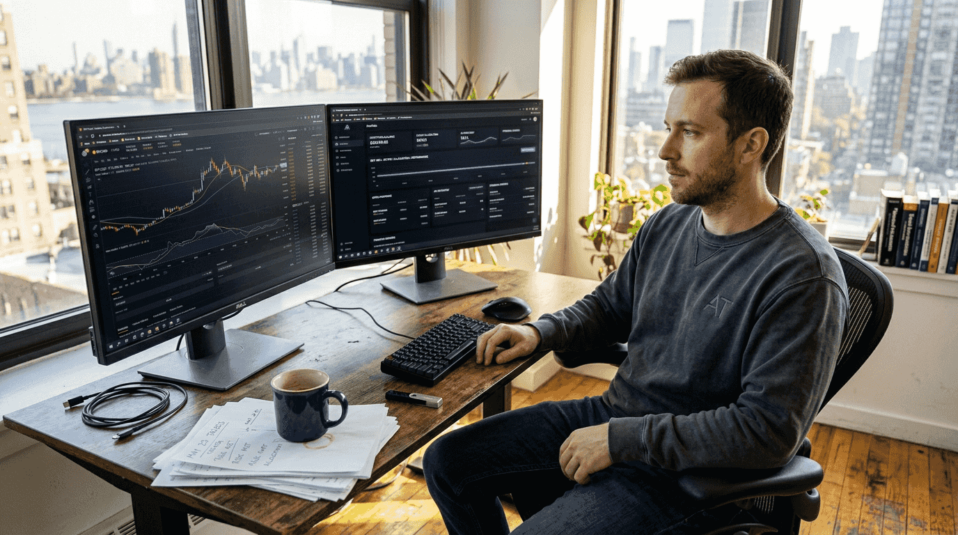 Crypto trader reviewing portfolio screens