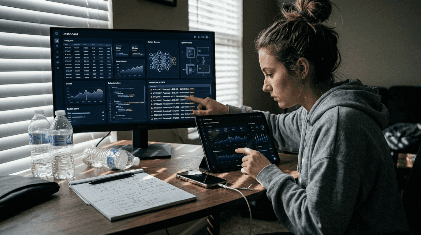 Young woman monitors crypto threshold alerts