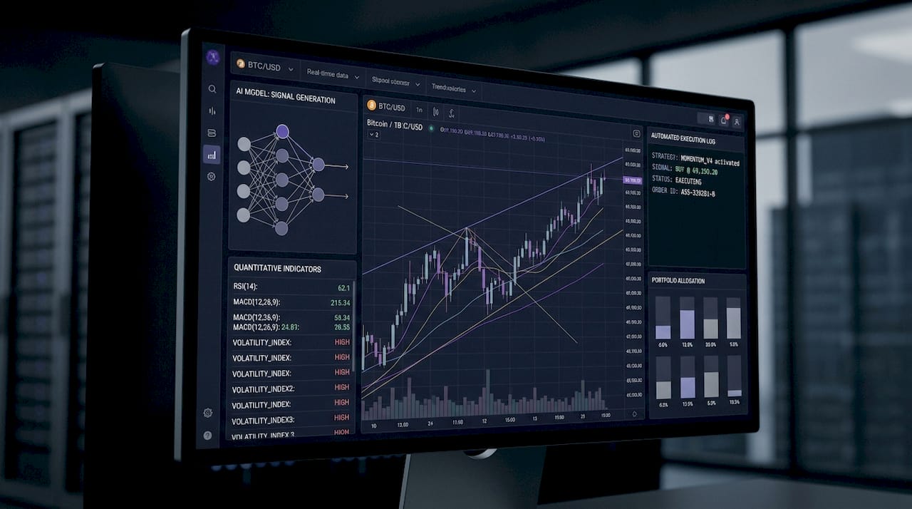 Trader at office desk monitoring crypto bots