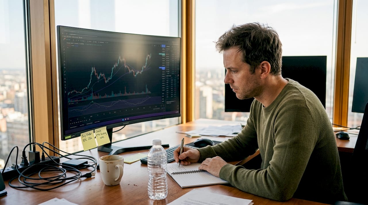 Trader monitoring charts at desk in corner office