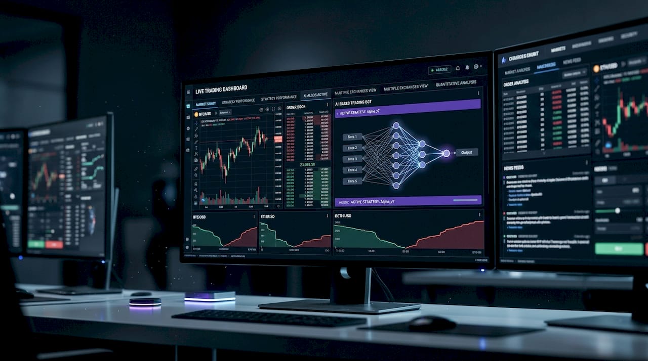 Woman using laptop with crypto exchange tabs