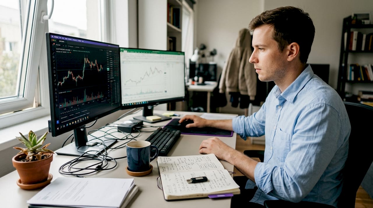 Trader viewing crypto charts at home office