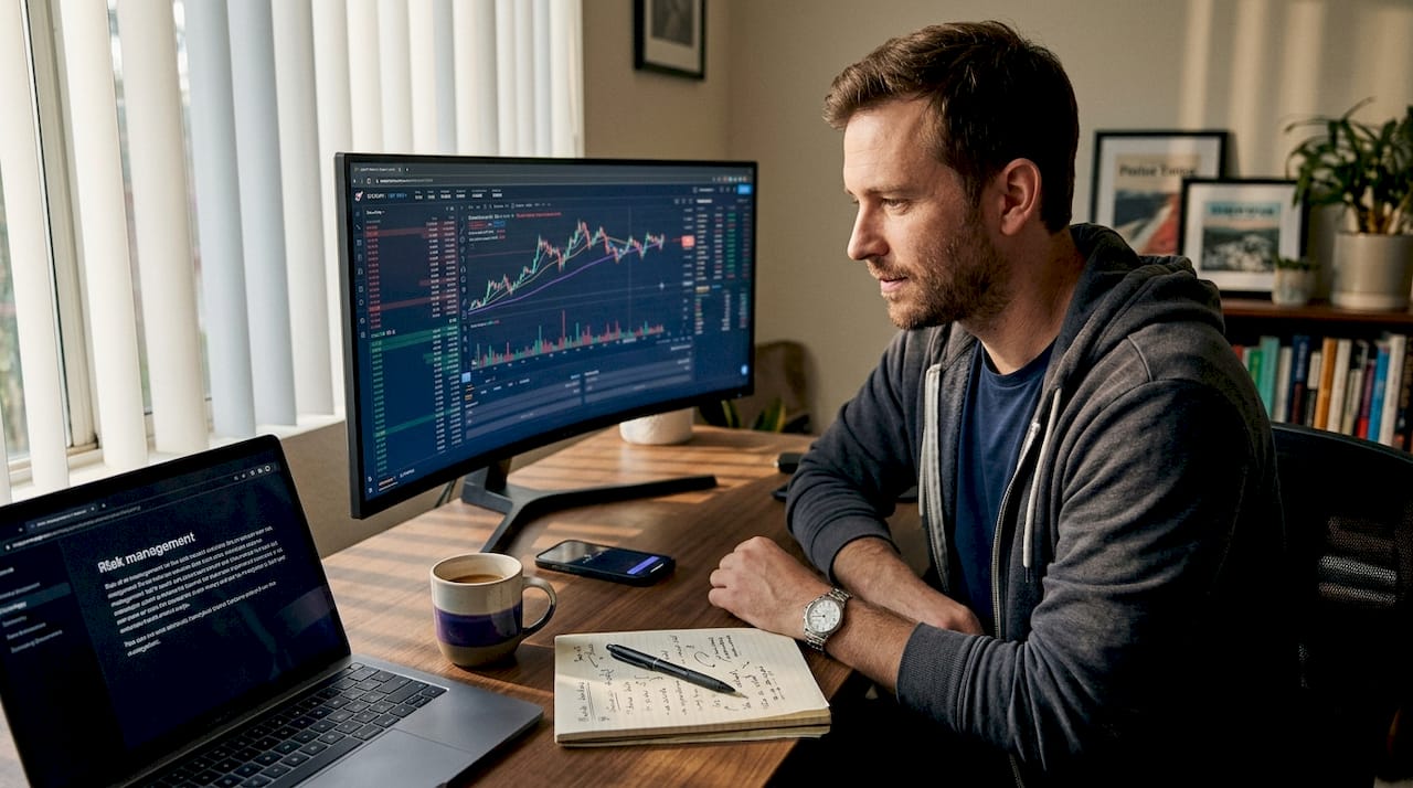 Crypto trader at home office with monitors