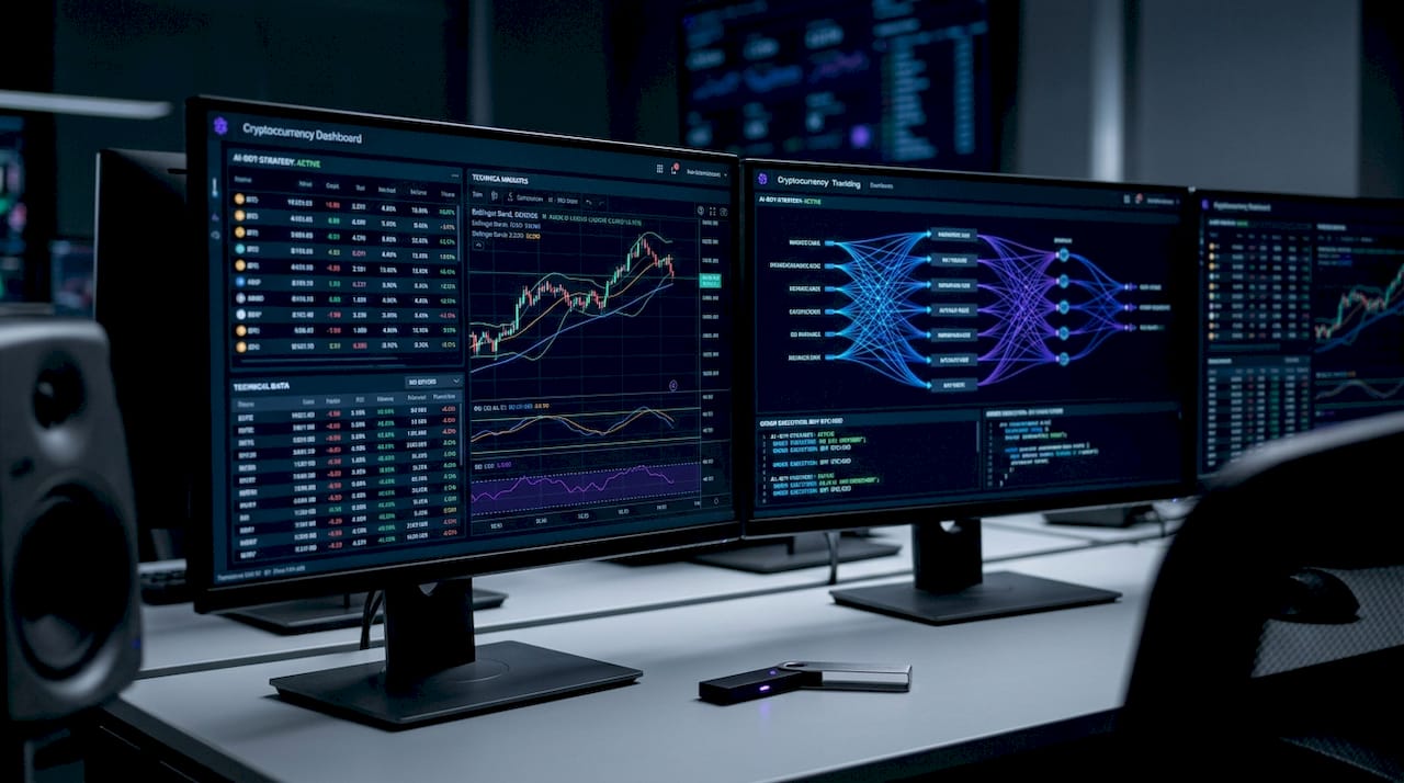 Man managing crypto portfolio in home kitchen