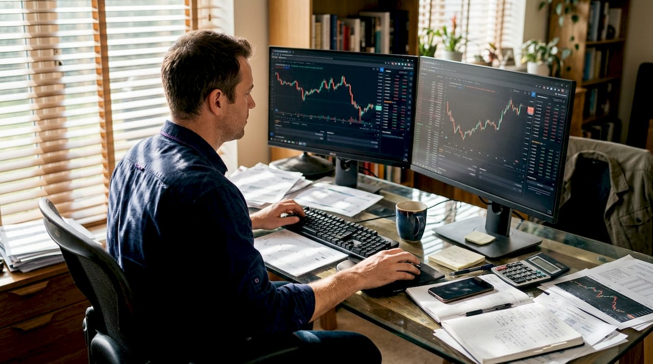 Трейдер контролює графіки форекс на домашньому офісі