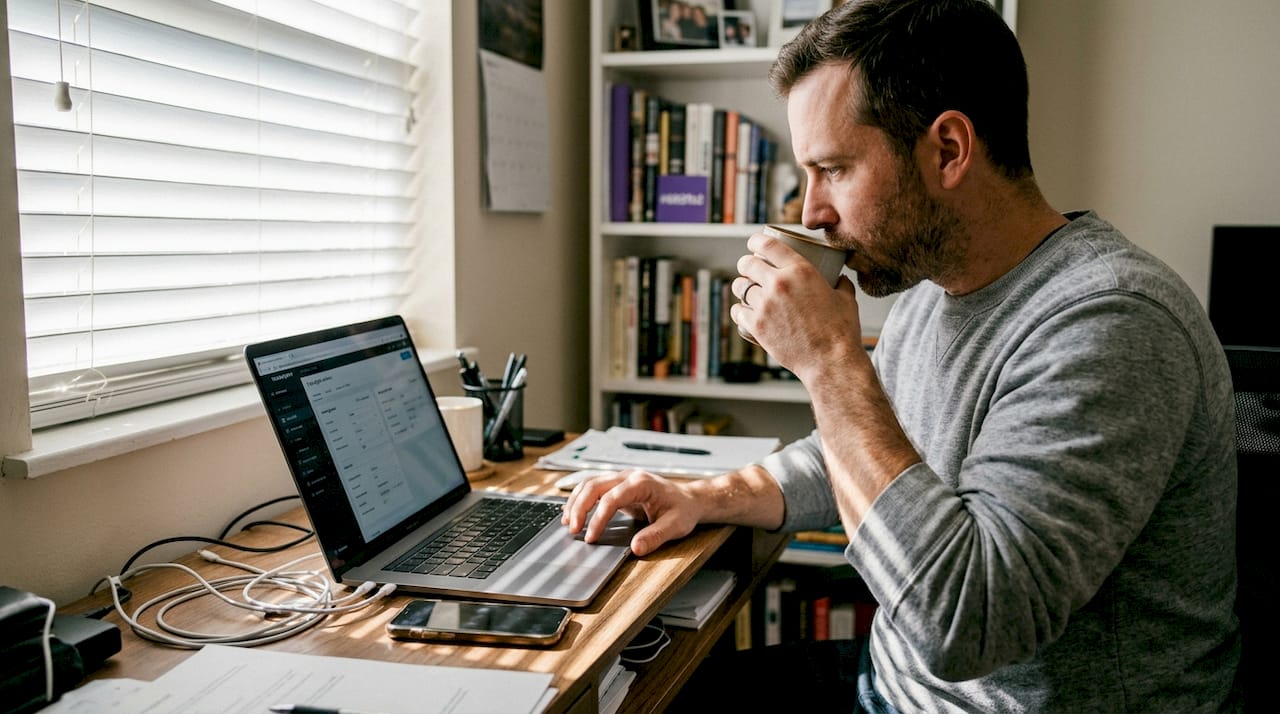 Чоловік налаштовує криптоторгового бота на столі