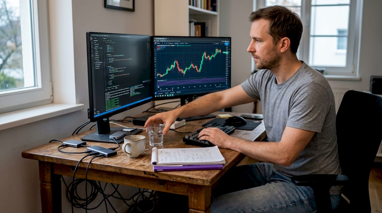Чоловік перевіряє код крипто-торгівлі вдома