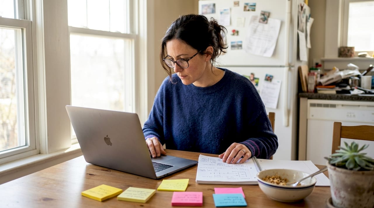 Жінка встановлює інструменти для крипто-торгівлі на кухні