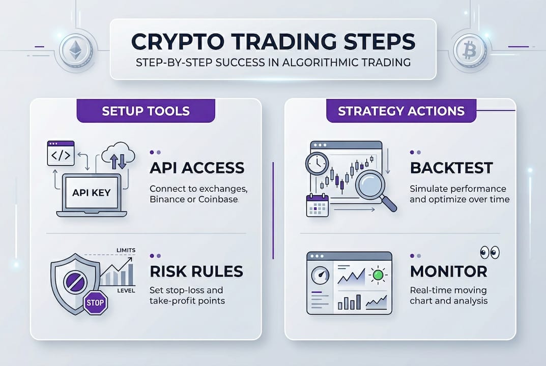 Інфографіка огляду кроків крипто-торгівлі