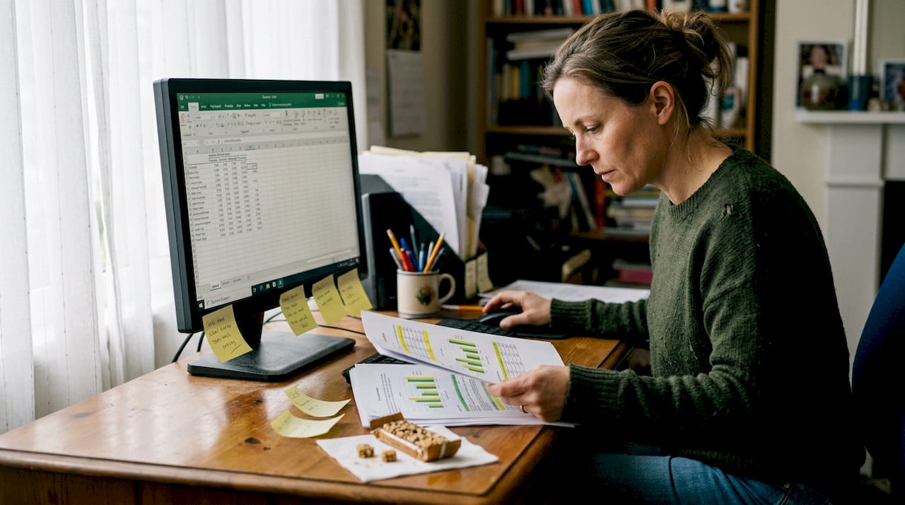 Woman preparing trading data at desk