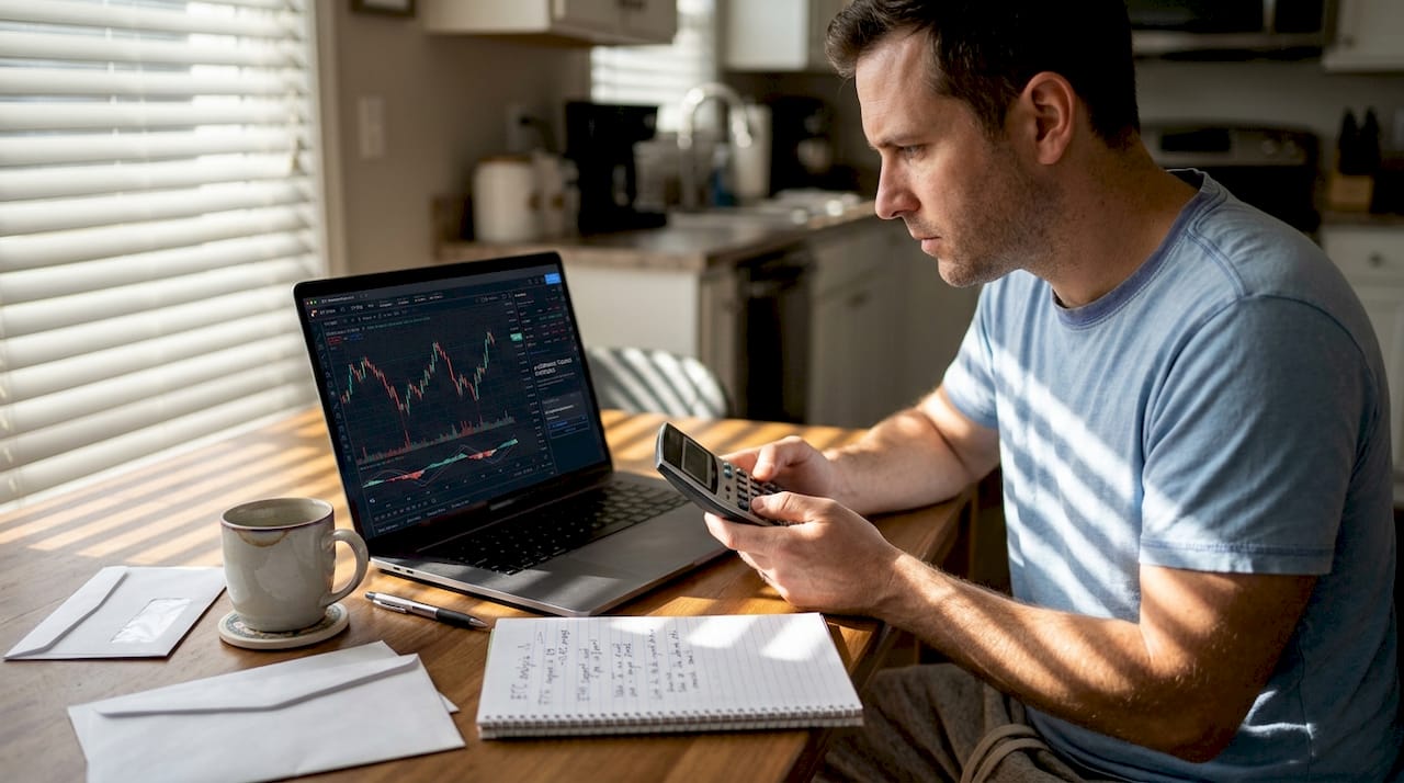 Man analyzing crypto charts at kitchen table