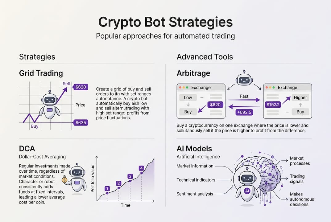 Infographic showing common crypto bot strategies