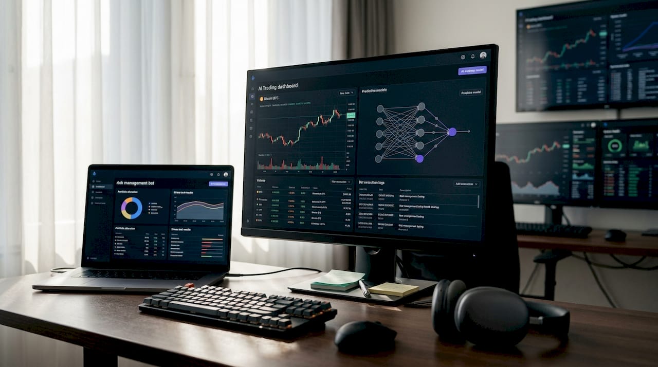 Woman monitoring crypto bot dashboards at desk